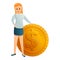 Woman near dollar coin icon, cartoon style