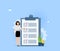 Woman nearby marked checklist on a clipboard paper.  Illustration flat design style