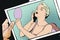 Woman in negligee with mirror. Stock illustration.