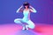 woman neon game digital vr sport innovation virtual reality three-dimensional glasses. Generative AI.