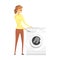 Woman Next To Washing Machine, Department Store Shopping For Domestic Equipment And Electronic Objects For Home