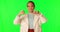 Woman, no and thumbs down hand sign with face and green screen with stop and disagree. Female person, portrait and