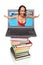 Woman from notebook computer on books