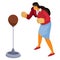 Woman in office clothes stands in front of us and hits a sports punching bag with boxing gloves, aggression, defense