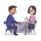 Woman in office suit and glasses listens to a man and makes notes. Man talks to a woman sitting opposite him. Cartoon