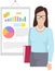 Woman office worker analyzes indicators on presentation with charts, presents financial statement