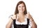 Woman with Oktoberfest Dirndl dress shows thumbs