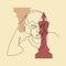 Woman one line art drawing with chess piece illustration and beige background