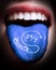 Woman with open mouth spreading tongue colored in Support and service 24-7 icon