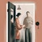 A woman opening a door with her hands full of coins as her husband stands behind her with a dismissive expression.. AI