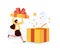 Woman opening gift box and looking at festive confetti thrown out of it. Concept of birthday present, holiday greetings