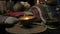 Woman operating with Tibetan singing bowls. yoga instructor conducts meditation. slow motion