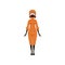 Woman in orange protective costume and gas mask. Worker with hazardous materials in factories or laboratories. Flat