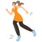 A woman in an orange tunic and dark sweatpants with her hair tied up while jogging. Female character running, doing