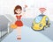 Woman ordering driverless taxi using mobile application. Cartoon female character with smartphone and car on city street