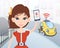 Woman ordering driverless taxi using mobile application. Cartoon female character with smartphone and car on city street