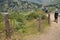 Woman and other hikers walking along dirt path near wooden fence to ocean side town