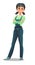 Woman in overalls. Service girl. Handyman, locksmith or repairman. Cheerful person. Standing pose. Cartoon comic style