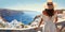 Woman Overlooking Santorini Seascape: Luxury European Vacation. Generative ai