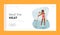 Woman Paddling on SUP Board Landing Page Template. Young Female Character in Swimwear Holding Paddle Stand on Surfboard