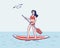 Woman paddling on sup board. Young cartoon female riding surfboard with paddle