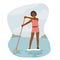 Woman Paddling on SUP Board. Young Female Character in Swimwear Holding Paddle Stand on Surfboard, Water Sport Activity