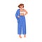 Woman in pajamas, comfy nightwear. Female wearing home clothes, pants, shirt and top. Person in homey fashion sleepwear