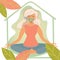 Woman in a pandemic in a protective mask meditates at home. A blonde girl in a lotus position is engaged in yoga on a