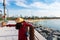 Woman with panoramic view of Dubai downtown