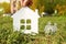 Woman with paper silhouettes of house and family in grass outdoors.