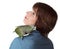 Woman with parrot on shoulder