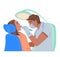 Woman patient undergoes oral health exam in dental clinic, vector illustration.