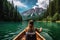 A woman peacefully sits in a boat, enjoying the calmness of a serene lake, Beautiful woman kayaking on a stunning mountain lake
