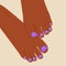 Woman pedicure design. Cute female feet fingers colorful polished nails, leg treatment concept. Vector illustration