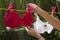 Woman pegging washing on clothes line