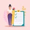 Woman with pencil marked checklist on a clipboard paper. Flat design modern vector illustration concept