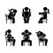 Woman people various sitting position. Posture stick figure. Vector seated person icon symbol sign pictogram on white.