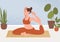 Woman perform flexibility sit in yoga pose vector flat illustration. Sports female practicing morning exercise at home