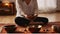 Woman performing a sound healing session in her studio. Yogini playing meditative music using tibetan singing bowl. Generative AI