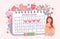 Woman and period calendar. Female check dates of menstruation cycle. Calendar schedule for critical days and hygiene