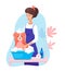 Woman pet groomer in apron washing dog cartoon