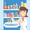 Woman Pharmacist Demonstrating Drug Assortment On The Shelf Of Pharmacy