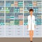 Woman pharmacist in a pharmacy opposite the shelves with medicines. Vector illustration in flat style.