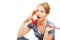 Woman on the phone looks terrified while phoning