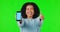 Woman, phone and thumbs up for mockup on green screen with a smile and hand for support or approval. Portrait of a