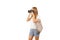 Woman photographer is taking images with camera isolated on white.