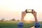 Woman photography rural prairie in sunset, relax time