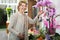 Woman picking potted phalaenopsis flower