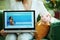 Woman with piggy bank showing laptop with medical insurance site