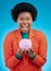 Woman, piggy bank and wow portrait for savings, financial investment and profit or budget success. Excited african